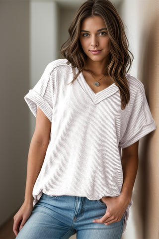 Shop White Textured V-Neck Short Sleeve Top - High-Quality U.S. Made Women’s Fashion with Free & Fast Shipping