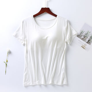 Shop White Plus Size Round Neck Short Sleeve T-Shirt with Bra - High-Quality U.S. Made Women’s Fashion with Free & Fast Shipping