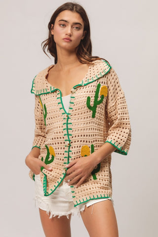 Shop BiBi Edge Stitched Cactus Patch Sweater Cardigan - High-Quality U.S. Made Women’s Fashion with Free & Fast Shipping