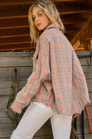 Shop And The Why Full Size Plaid Button Up Raw Hem Shirt - High-Quality U.S. Made Women’s Fashion with Free & Fast Shipping