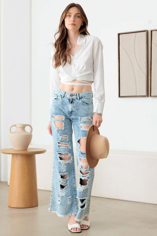 Shop Acid Wash Denim Litz La Distressed Frayed Hem Flare Jeans - High-Quality U.S. Made Women’s Fashion with Free & Fast Shipping