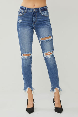 Shop DARK RISEN Distressed Frayed Hem Slim Jeans - High-Quality U.S. Made Women’s Fashion with Free & Fast Shipping