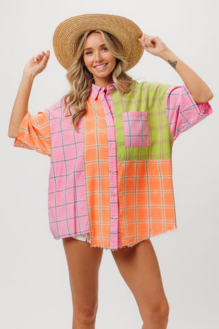 Shop Pink Peach Lime BiBi Plaid Collared Neck Half Sleeve Shirt - High-Quality U.S. Made Women’s Fashion with Free & Fast Shipping