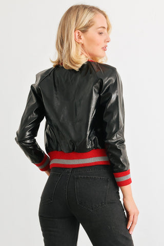 Shop Comme PU Leather Baseball Collar Long Sleeve Jacket - High-Quality U.S. Made Women’s Fashion with Free & Fast Shipping