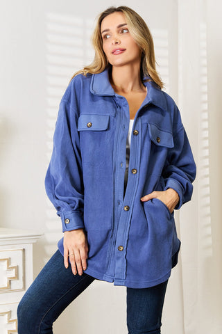 Shop Dusty Blue Heimish Cozy Girl Full Size Button Down Shacket - High-Quality U.S. Made Women’s Fashion with Free & Fast Shipping