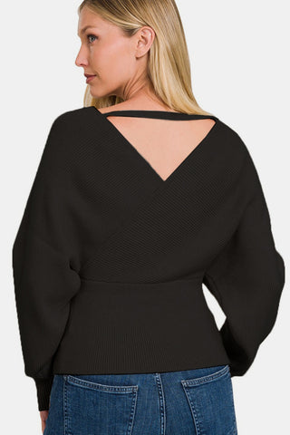 Shop Zenana Cross Wrap Rib Long Sleeve Sweater - High-Quality U.S. Made Women’s Fashion with Free Fast Shipping