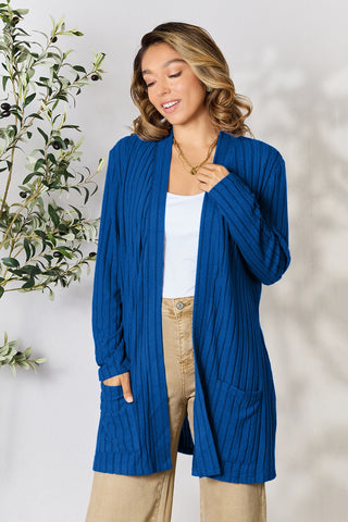 Shop Basic Bae Full Size Ribbed Open Front Cardigan with Pockets - High-Quality U.S. Made Women’s Fashion with Free & Fast Shipping