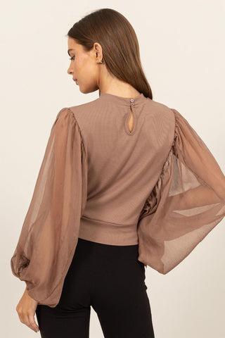 Shop HYFVE Ruched Sheer Long Sleeve Mock Neck Blouse - High-Quality U.S. Made Women’s Fashion with Free & Fast Shipping