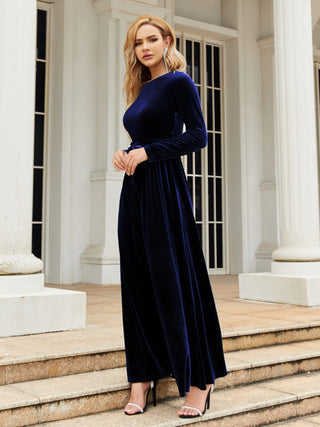 Shop Tie Front Round Neck Long Sleeve Maxi Dress - High-Quality U.S. Made Women’s Fashion with Free & Fast Shipping