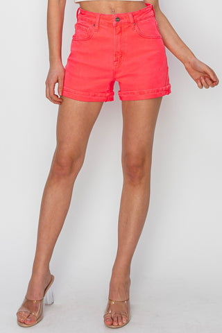 Shop Coral RISEN Full Size High Rise Cuffed Denim Shorts - High-Quality U.S. Made Women’s Fashion with Free & Fast Shipping