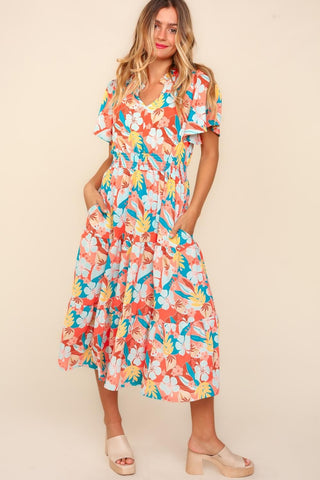 Shop Coral Teal Light Blue Haptics Full Size Tropical Floral Tiered Dress with Side Pockets - High-Quality U.S. Made Women’s Fashion with Free & Fast Shipping