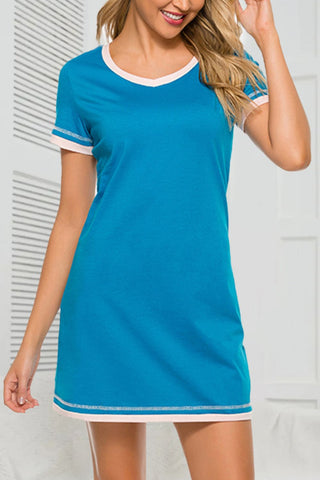 Shop Sky Blue Contrast Trim Short Sleeve Lounge Dress - High-Quality U.S. Made Women’s Fashion with Free & Fast Shipping