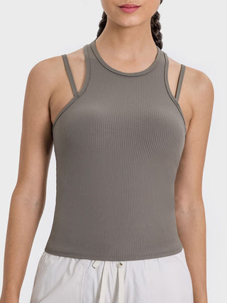 Shop Mocha Millennia Cutout Round Neck Racerback Active Tank - High-Quality U.S. Made Women’s Fashion with Free & Fast Shipping