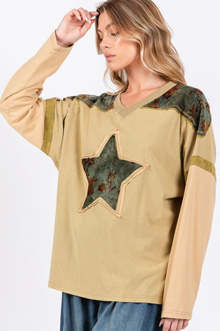 Shop SAGE + FIG Star Patch Long Sleeve Color Block T-Shirt - High-Quality U.S. Made Women’s Fashion with Free & Fast Shipping