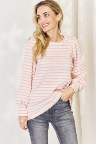 Shop Celeste Full Size Long Bishop Sleeve Striped Top - High-Quality U.S. Made Women’s Fashion with Free & Fast Shipping