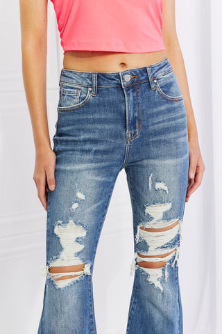 Shop RISEN Full Size Hazel High Rise Distressed Flare Jeans - High-Quality U.S. Made Women’s Fashion with Free & Fast Shipping