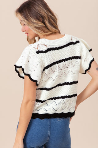 Shop BiBi Pointelle Contrast Striped Short Sleeve Knit Top - High-Quality U.S. Made Women’s Fashion with Free & Fast Shipping