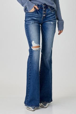 Shop RISEN Distressed Button-Fly Flare Jeans - High-Quality U.S. Made Women’s Fashion with Free & Fast Shipping