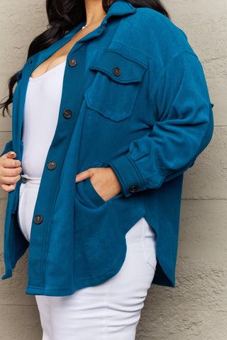 Shop Zenana Cozy in the Cabin Full Size Fleece Elbow Patch Shacket in Teal - High-Quality U.S. Made Women’s Fashion with Free & Fast Shipping