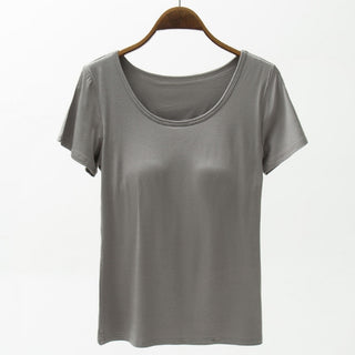 Shop Dark Gray Round Neck Modal T-Shirt with Bra - High-Quality U.S. Made Women’s Fashion with Free & Fast Shipping