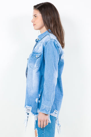 Shop American Bazi Frayed Hem Distressed Denim Shirt Jacket - High-Quality U.S. Made Women’s Fashion with Free & Fast Shipping