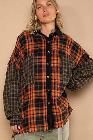 Shop Orange Multi POL Plaid Contrast Long Sleeve Raw Hem Shacket with Chest Pockets - High-Quality U.S. Made Women’s Fashion with Free & Fast Shipping