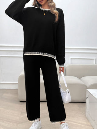 Shop Black Round Neck Dropped Shoulder Top and Pants Sweater Set - High-Quality U.S. Made Women’s Fashion with Free & Fast Shipping