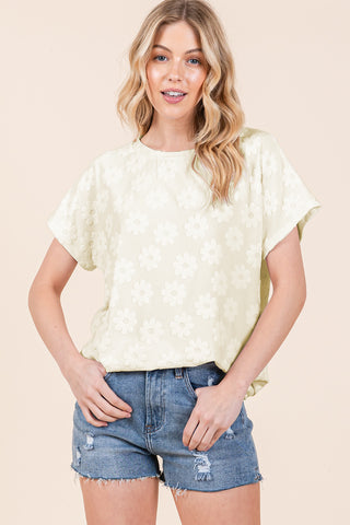 Shop Cream BOMBOM Textured Floral Pattern Short Sleeve T-Shirt - High-Quality U.S. Made Women’s Fashion with Free & Fast Shipping