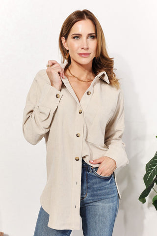 Shop HEYSON Full Size Oversized Corduroy Button-Down Tunic Shirt with Bust Pocket - High-Quality U.S. Made Women’s Fashion with Free & Fast Shipping