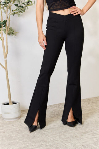 Shop Black Kancan V-Waistband Slit Flare Pants - High-Quality U.S. Made Women’s Fashion with Free & Fast Shipping