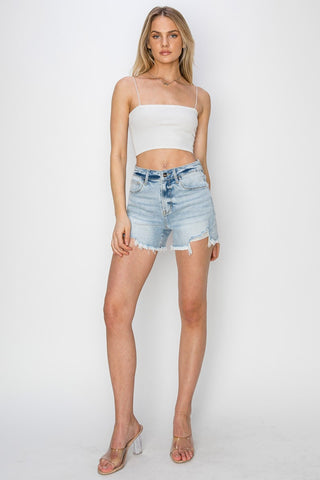 Shop RISEN High Waist Frayed Detail Denim Shorts - High-Quality U.S. Made Women’s Fashion with Free & Fast Shipping