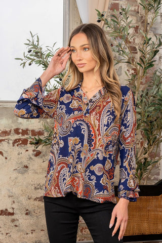 Shop Sew In Love Full Size Wrinkle Free Paisley Print Long Sleeve Top - High-Quality U.S. Made Women’s Fashion with Free & Fast Shipping