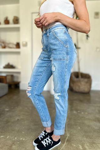 Shop Judy Blue Full Size Distressed Straight Jeans with Patch Pockets - High-Quality U.S. Made Women’s Fashion with Free & Fast Shipping