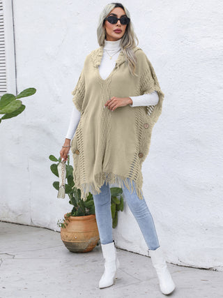 Shop Fringe Trim Buttoned Hooded Poncho - High-Quality U.S. Made Women’s Fashion with Free Fast Shipping