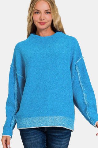 Shop Zenana Exposed Seam Mock Neck Long Sleeve Sweater - High-Quality U.S. Made Women’s Fashion with Free & Fast Shipping