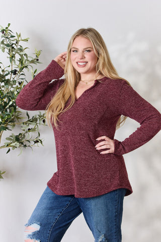 Shop Heimish Full Size Notched Long Sleeve Top - High-Quality U.S. Made Women’s Fashion with Free & Fast Shipping