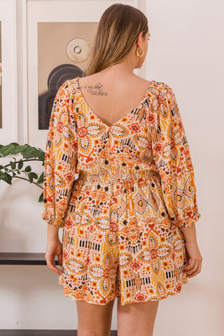 Shop ODDI Full Size Printed Ruff Sleeve Romper with Pockets - High-Quality U.S. Made Women’s Fashion with Free & Fast Shipping