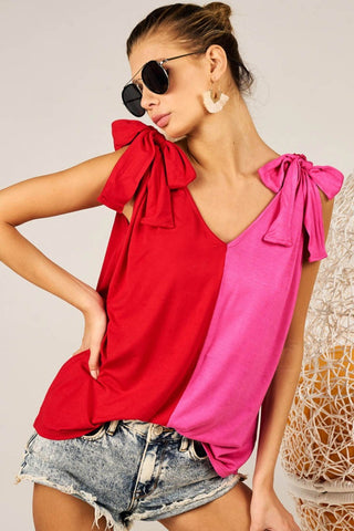 Shop BiBi Shoulder Ribbon Tied Contrast Tank - High-Quality U.S. Made Women’s Fashion with Free Fast Shipping