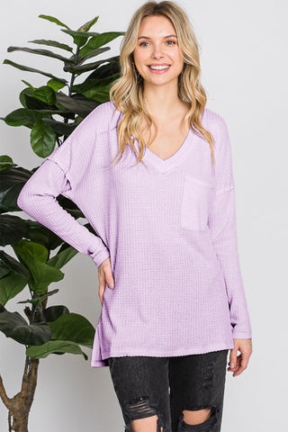 Shop LILAC Reborn J Waffle Knit V-Neck Long Sleeve T-Shirt - High-Quality U.S. Made Women’s Fashion with Free & Fast Shipping