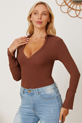 Shop V-Neck Long Sleeve Bodysuit - High-Quality U.S. Made Women’s Fashion with Free & Fast Shipping