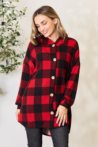 Shop Black Red Heimish Full Size Plaid Button Front Hooded Shirt - High-Quality U.S. Made Women’s Fashion with Free & Fast Shipping