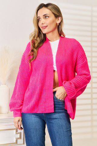 Shop Hot Pink Woven Right Rib-Knit Open Front Drop Shoulder Cardigan - High-Quality U.S. Made Women’s Fashion with Free & Fast Shipping