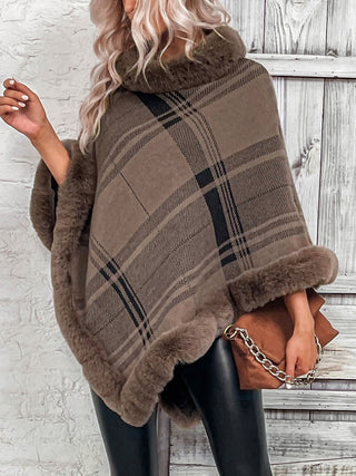 Shop Plaid Faux Fur Trim Poncho - High-Quality U.S. Made Women’s Fashion with Free & Fast Shipping