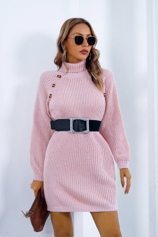 Shop Buttoned Turtleneck Long Sleeve Sweater Dress - High-Quality U.S. Made Women’s Fashion with Free Fast Shipping