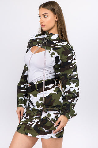 Shop American Bazi Camouflage Cropped Jacket with Chains - High-Quality U.S. Made Women’s Fashion with Free Fast Shipping