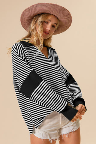 Shop BiBi Striped Contrast Long Sleeve Knit Top - High-Quality U.S. Made Women’s Fashion with Free & Fast Shipping