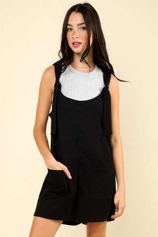 Shop Black VERY J Tie Shoulder Front Pocket Romper - High-Quality U.S. Made Women’s Fashion with Free & Fast Shipping