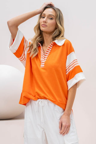 Shop Orange Hailey & Co Full Size Contrast Stripe Polo Shirt - High-Quality U.S. Made Women’s Fashion with Free & Fast Shipping