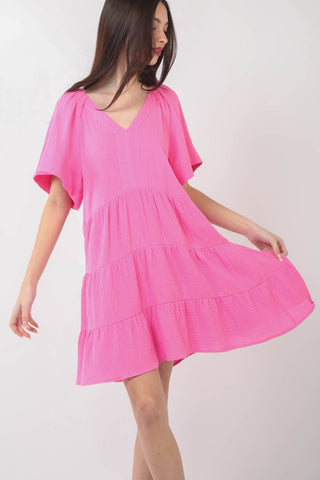 Shop VERY J Texture V-Neck Ruffled Tiered Dress - High-Quality U.S. Made Women’s Fashion with Free & Fast Shipping