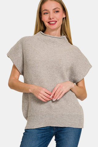 Shop H Mocha Zenana Short Sleeve Mock Neck Sweater - High-Quality U.S. Made Women’s Fashion with Free & Fast Shipping